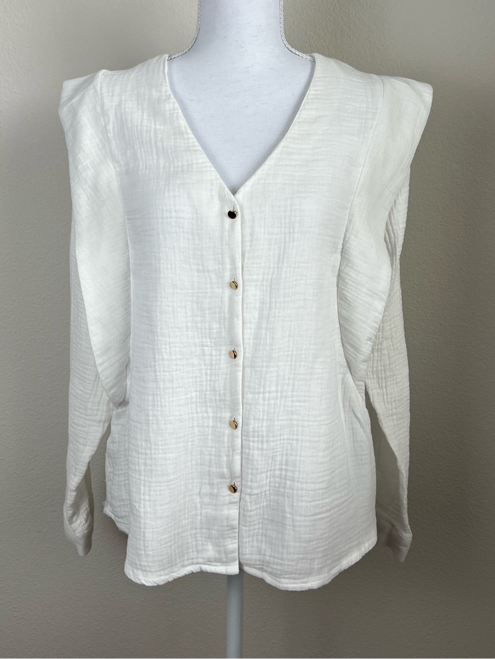 Season White Gauze Cotton Blouse Top Boho Shoulder Detail Button Front Size S